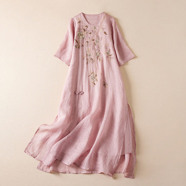 Buddha Stones Embroidered Leaf Crew Neck Half Sleeve Cotton Fiber Midi Dress - Pink - US8-10，UK/AU12-14，EU40-42 (2XL) - image 15