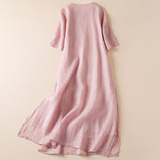 Buddha Stones Embroidered Leaf Crew Neck Half Sleeve Cotton Fiber Midi Dress - image 16