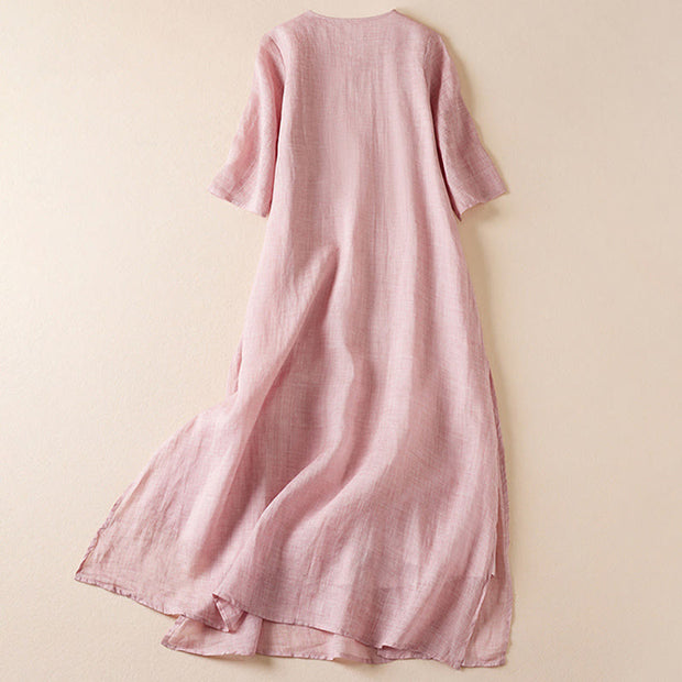 Buddha Stones Embroidered Leaf Crew Neck Half Sleeve Cotton Fiber Midi Dress - image 16