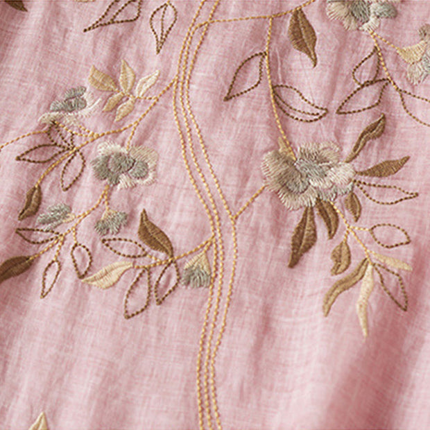 Buddha Stones Embroidered Leaf Crew Neck Half Sleeve Cotton Fiber Midi Dress - image 19