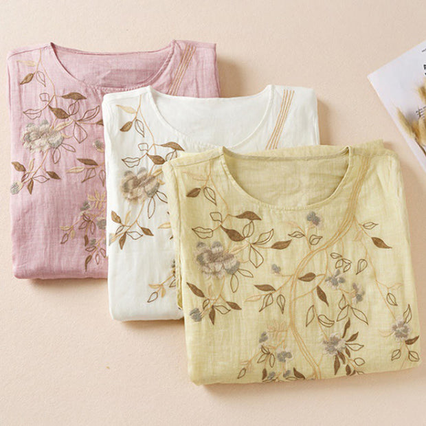 Buddha Stones Embroidered Leaf Crew Neck Half Sleeve Cotton Fiber Midi Dress - image 23