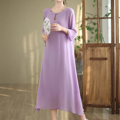 Buddha Stones Casual Plain Frog-Button Crew Neck Three Quarter Sleeve Cotton Midi Dress - Plum - US8-10，UK/AU12-14，EU40-42 (2XL) - image 1