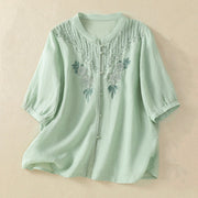 Buddha Stones Rose Floral Embroidery Button Half Sleeve Women's Cotton Shirt - Honeydew - US14，UK/AU18，EU46 (2XL) - image 1