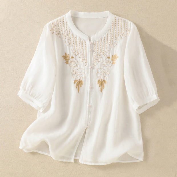 Buddha Stones Rose Floral Embroidery Button Half Sleeve Women's Cotton Shirt - White - US14，UK/AU18，EU46 (2XL) - image 34