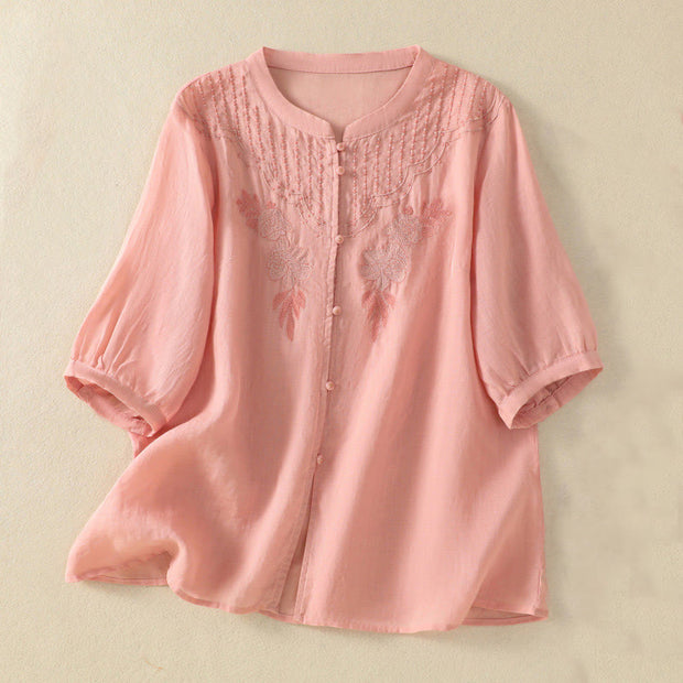 Buddha Stones Rose Floral Embroidery Button Half Sleeve Women's Cotton Shirt - LightPink - US14，UK/AU18，EU46 (2XL) - image 12