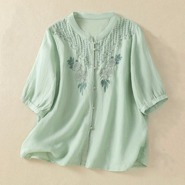 Buddha Stones Rose Floral Embroidery Button Half Sleeve Women's Cotton Shirt - Honeydew - US14，UK/AU18，EU46 (2XL) - image 1