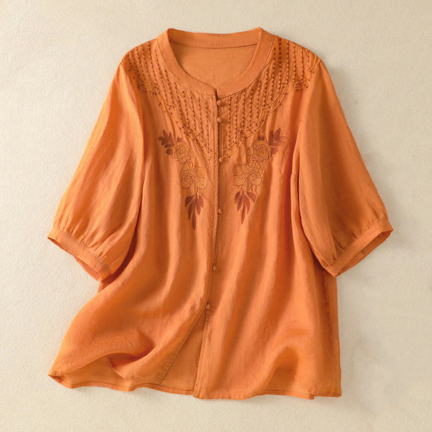 Buddha Stones Rose Floral Embroidery Button Half Sleeve Women's Cotton Shirt - Orange - US14，UK/AU18，EU46 (2XL) - image 24