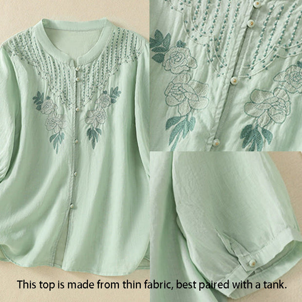 Buddha Stones Rose Floral Embroidery Button Half Sleeve Women's Cotton Shirt - image 4