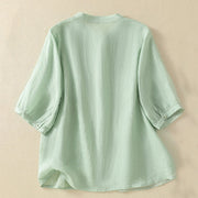 Buddha Stones Rose Floral Embroidery Button Half Sleeve Women's Cotton Shirt - image 3