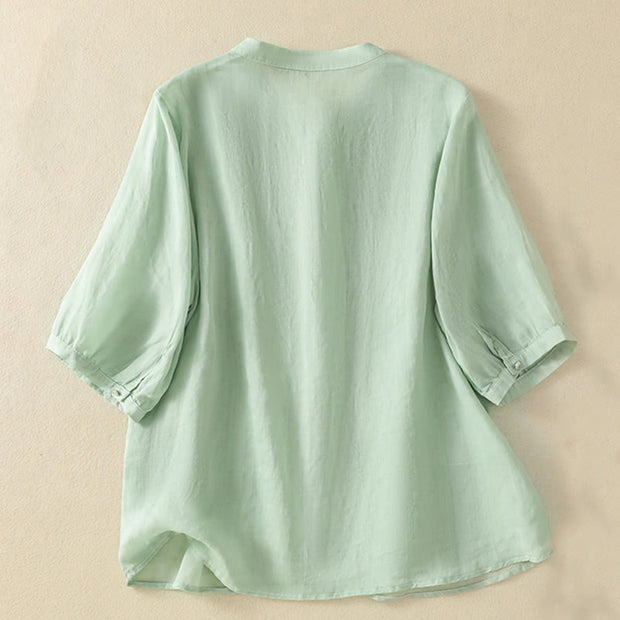 Buddha Stones Rose Floral Embroidery Button Half Sleeve Women's Cotton Shirt - image 3