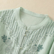 Buddha Stones Rose Floral Embroidery Button Half Sleeve Women's Cotton Shirt - image 7