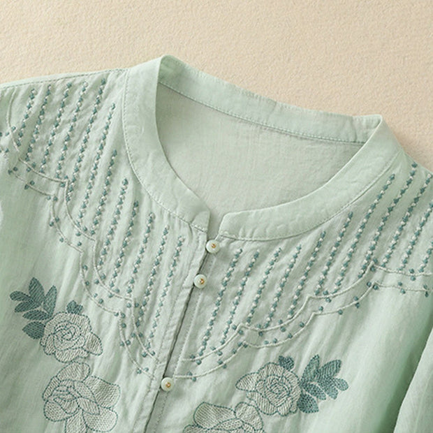Buddha Stones Rose Floral Embroidery Button Half Sleeve Women's Cotton Shirt - image 7