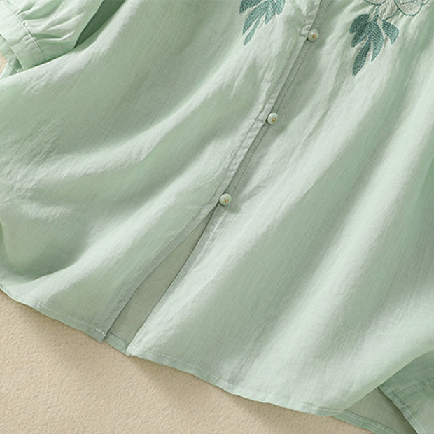 Buddha Stones Rose Floral Embroidery Button Half Sleeve Women's Cotton Shirt - image 11