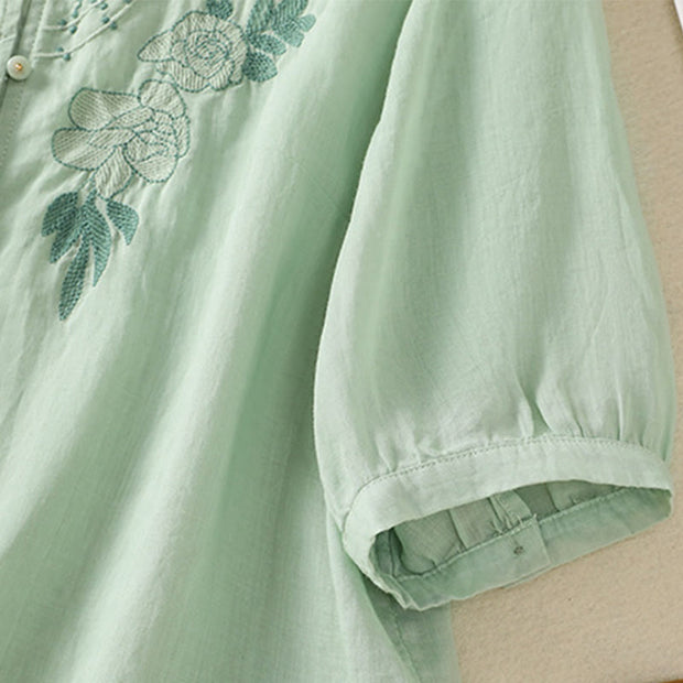 Buddha Stones Rose Floral Embroidery Button Half Sleeve Women's Cotton Shirt - image 9