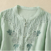 Buddha Stones Rose Floral Embroidery Button Half Sleeve Women's Cotton Shirt - image 5