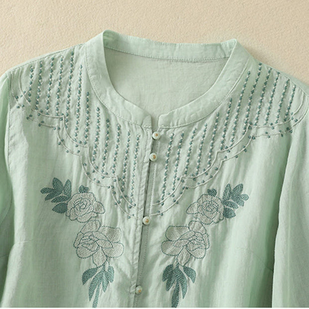 Buddha Stones Rose Floral Embroidery Button Half Sleeve Women's Cotton Shirt - image 5