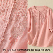 Buddha Stones Rose Floral Embroidery Button Half Sleeve Women's Cotton Shirt - image 14