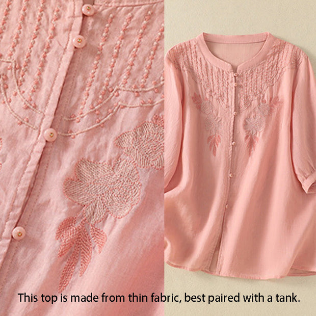 Buddha Stones Rose Floral Embroidery Button Half Sleeve Women's Cotton Shirt - image 14