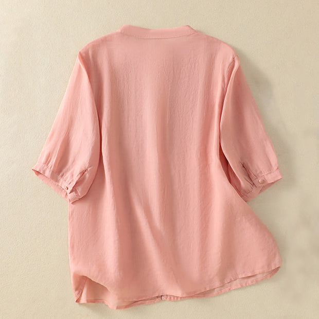 Buddha Stones Rose Floral Embroidery Button Half Sleeve Women's Cotton Shirt - image 13