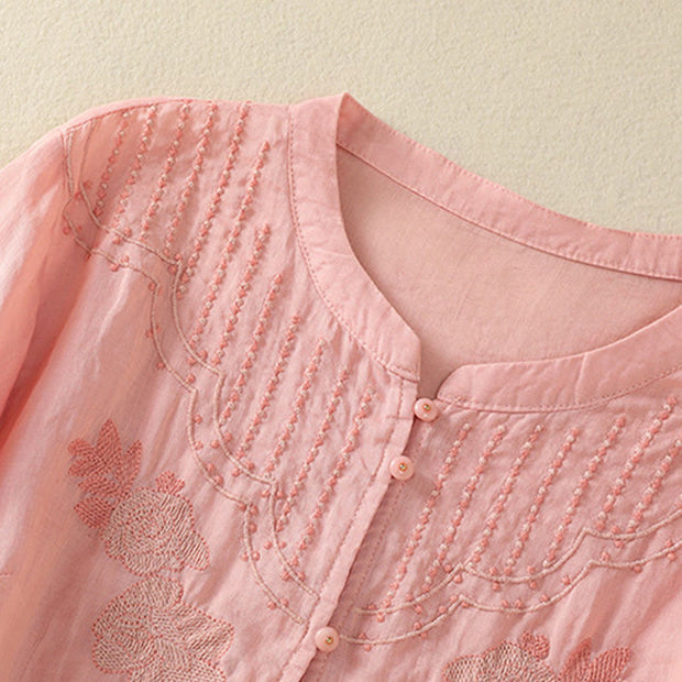 Buddha Stones Rose Floral Embroidery Button Half Sleeve Women's Cotton Shirt - image 17