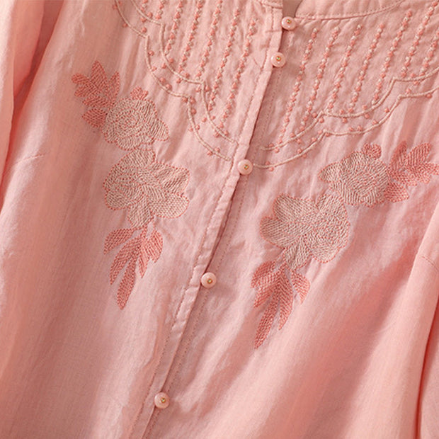 Buddha Stones Rose Floral Embroidery Button Half Sleeve Women's Cotton Shirt - image 18