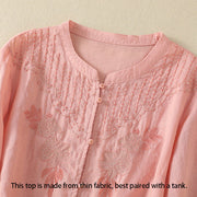 Buddha Stones Rose Floral Embroidery Button Half Sleeve Women's Cotton Shirt - image 15