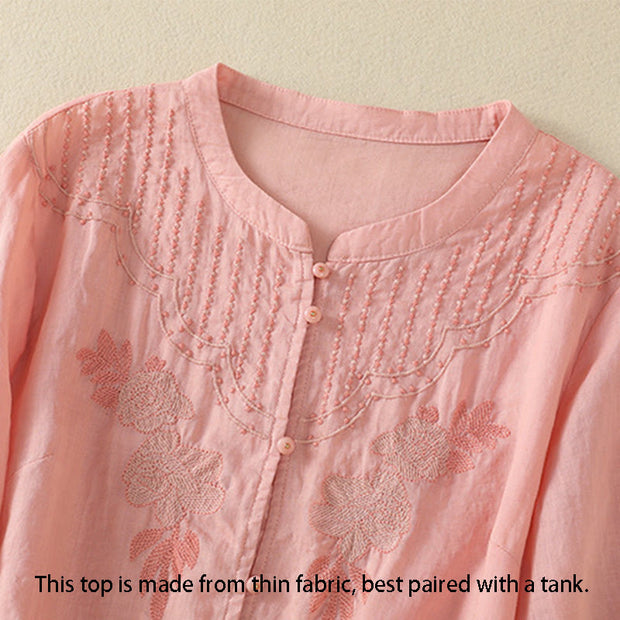Buddha Stones Rose Floral Embroidery Button Half Sleeve Women's Cotton Shirt - image 15