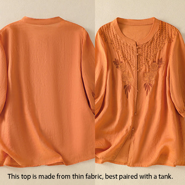 Buddha Stones Rose Floral Embroidery Button Half Sleeve Women's Cotton Shirt - image 26