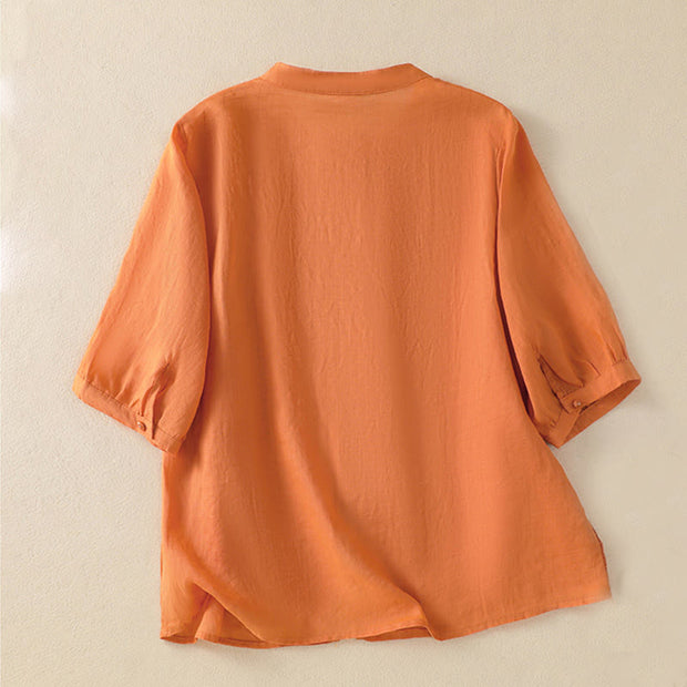 Buddha Stones Rose Floral Embroidery Button Half Sleeve Women's Cotton Shirt - image 25