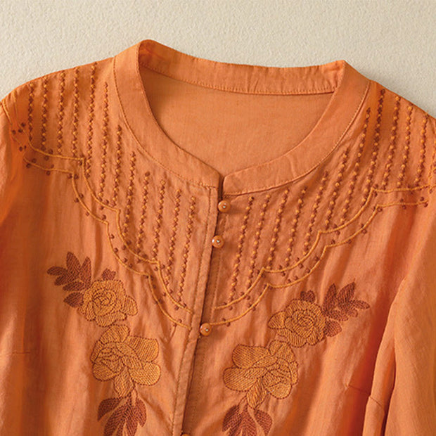 Buddha Stones Rose Floral Embroidery Button Half Sleeve Women's Cotton Shirt - image 28