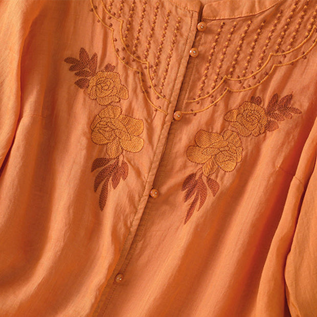 Buddha Stones Rose Floral Embroidery Button Half Sleeve Women's Cotton Shirt - image 33
