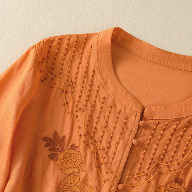 Buddha Stones Rose Floral Embroidery Button Half Sleeve Women's Cotton Shirt - image 27