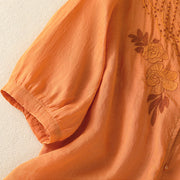Buddha Stones Rose Floral Embroidery Button Half Sleeve Women's Cotton Shirt - image 31