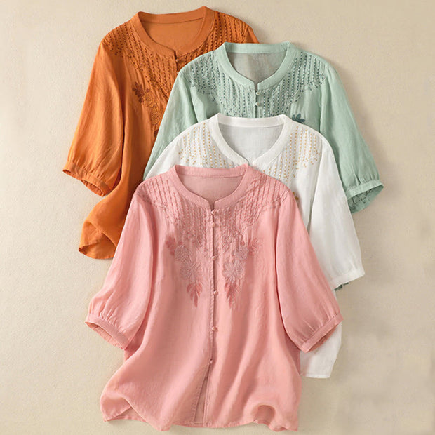 Buddha Stones Rose Floral Embroidery Button Half Sleeve Women's Cotton Shirt - image 2
