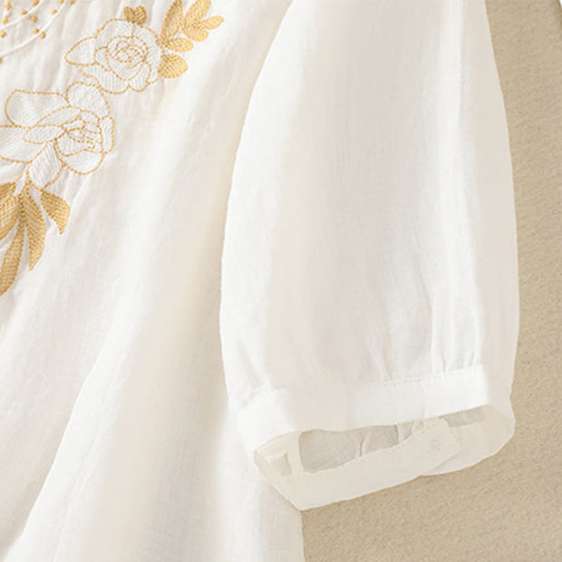 Buddha Stones Rose Floral Embroidery Button Half Sleeve Women's Cotton Shirt - image 41