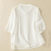 Buddha Stones Rose Floral Embroidery Button Half Sleeve Women's Cotton Shirt - image 35