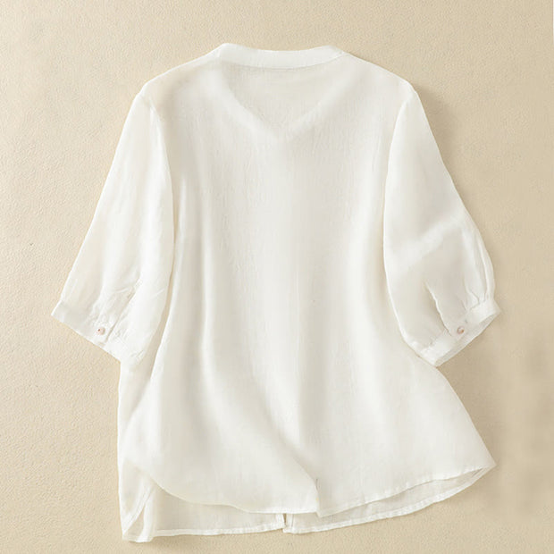 Buddha Stones Rose Floral Embroidery Button Half Sleeve Women's Cotton Shirt - image 35