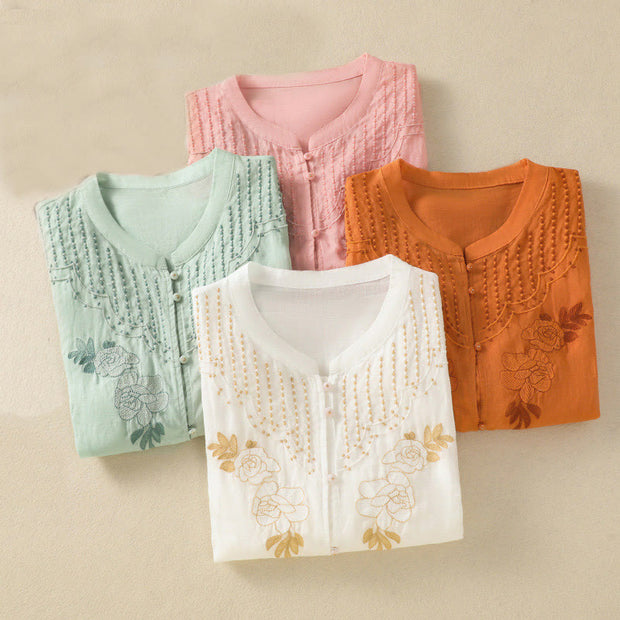 Buddha Stones Rose Floral Embroidery Button Half Sleeve Women's Cotton Shirt - image 42