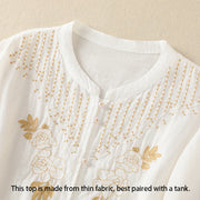 Buddha Stones Rose Floral Embroidery Button Half Sleeve Women's Cotton Shirt - image 36