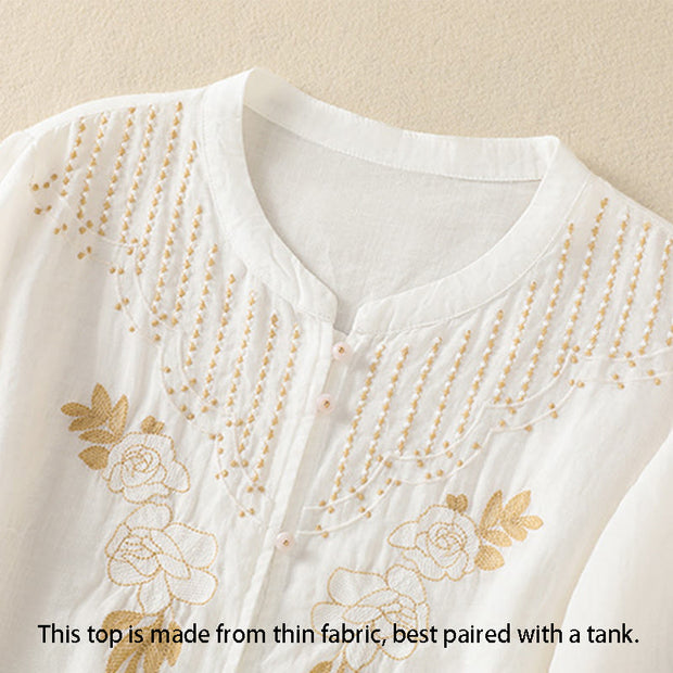 Buddha Stones Rose Floral Embroidery Button Half Sleeve Women's Cotton Shirt - image 36