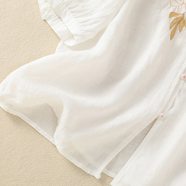 Buddha Stones Rose Floral Embroidery Button Half Sleeve Women's Cotton Shirt - image 40