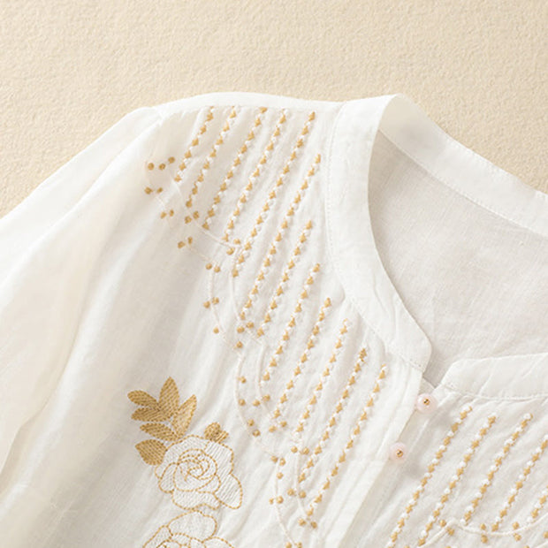 Buddha Stones Rose Floral Embroidery Button Half Sleeve Women's Cotton Shirt - image 38