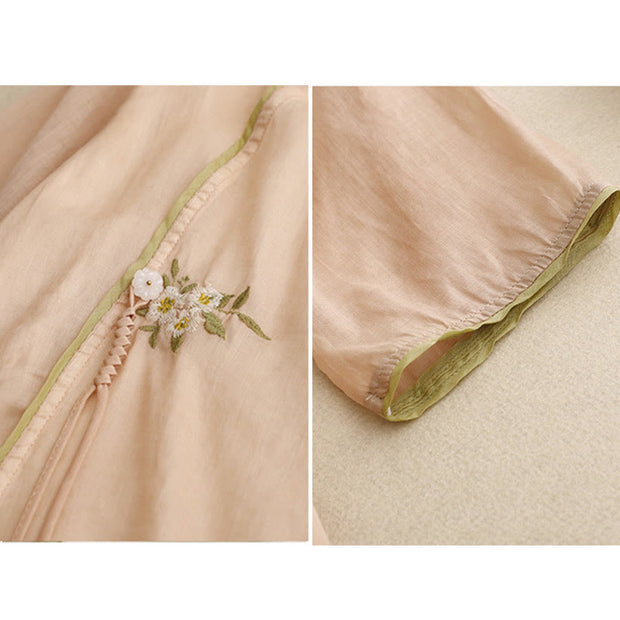 Buddha Stones Beige Floral Green Leaf Embroidery Crew Neck Three Quarter Sleeve Women's Cotton Shirt - image 19