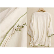 Buddha Stones Beige Floral Green Leaf Embroidery Crew Neck Three Quarter Sleeve Women's Cotton Shirt - image 2