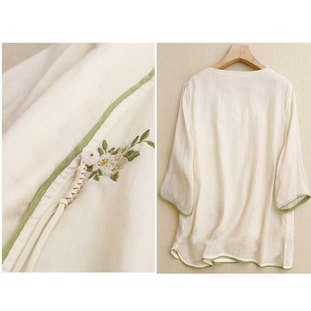 Buddha Stones Beige Floral Green Leaf Embroidery Crew Neck Three Quarter Sleeve Women's Cotton Shirt - image 2