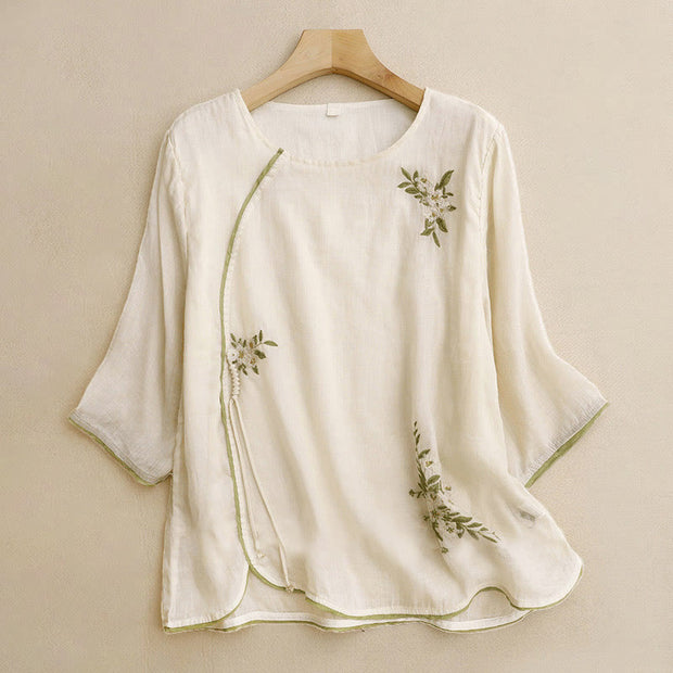 Buddha Stones Beige Floral Green Leaf Embroidery Crew Neck Three Quarter Sleeve Women's Cotton Shirt - Beige - US12，UK/AU16，EU44 (2XL) - image 1
