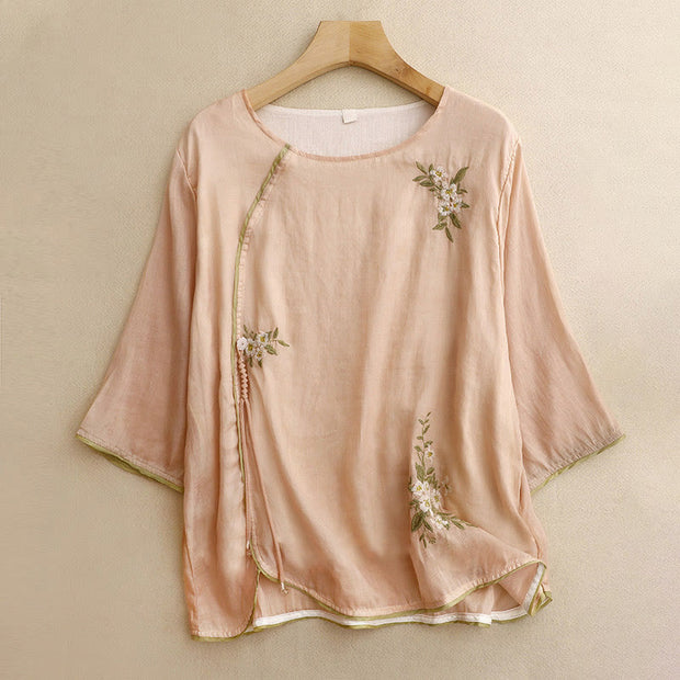 Buddha Stones Beige Floral Green Leaf Embroidery Crew Neck Three Quarter Sleeve Women's Cotton Shirt - PeachPuff - US12，UK/AU16，EU44 (2XL) - image 14