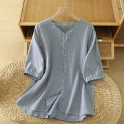 Buddha Stones Solid Buttons V-Neck Half Sleeve Women's Shirt - LightSteelBlue - US12，UK/AU16，EU44 (2XL) - image 22