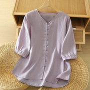 Buddha Stones Solid Buttons V-Neck Half Sleeve Women's Shirt - Thistle - US12，UK/AU16，EU44 (2XL) - image 27