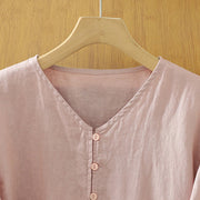 Buddha Stones Solid Buttons V-Neck Half Sleeve Women's Shirt - image 3